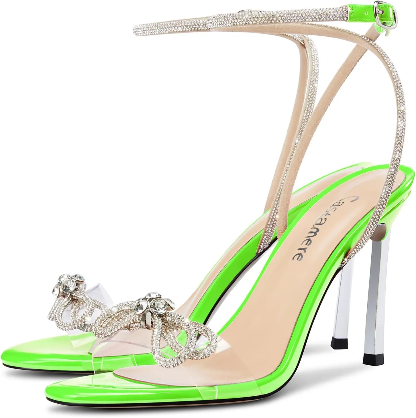 Castamere Womens Stiletto High Heel Open Toe Ankle Strap Rhinestone Crystal Bow-knot Sandals Prom Summer Clear 3.9 Inches Heels