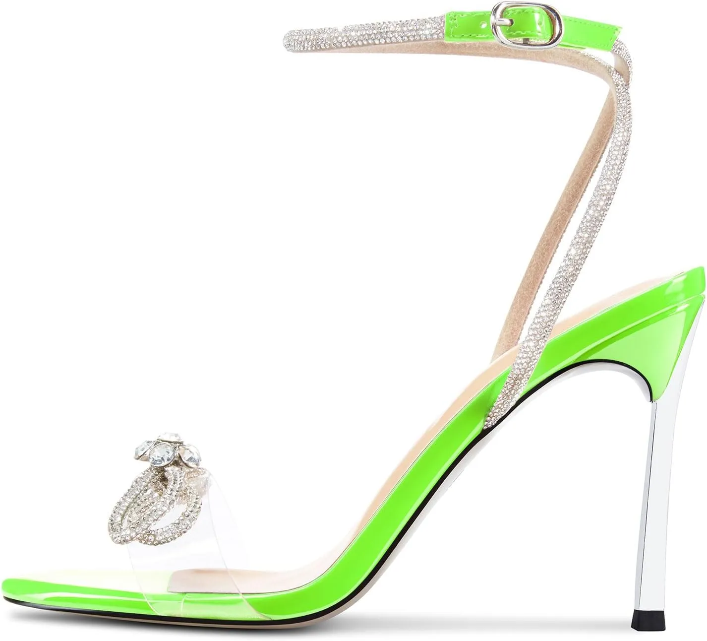 Castamere Womens Stiletto High Heel Open Toe Ankle Strap Rhinestone Crystal Bow-knot Sandals Prom Summer Clear 3.9 Inches Heels