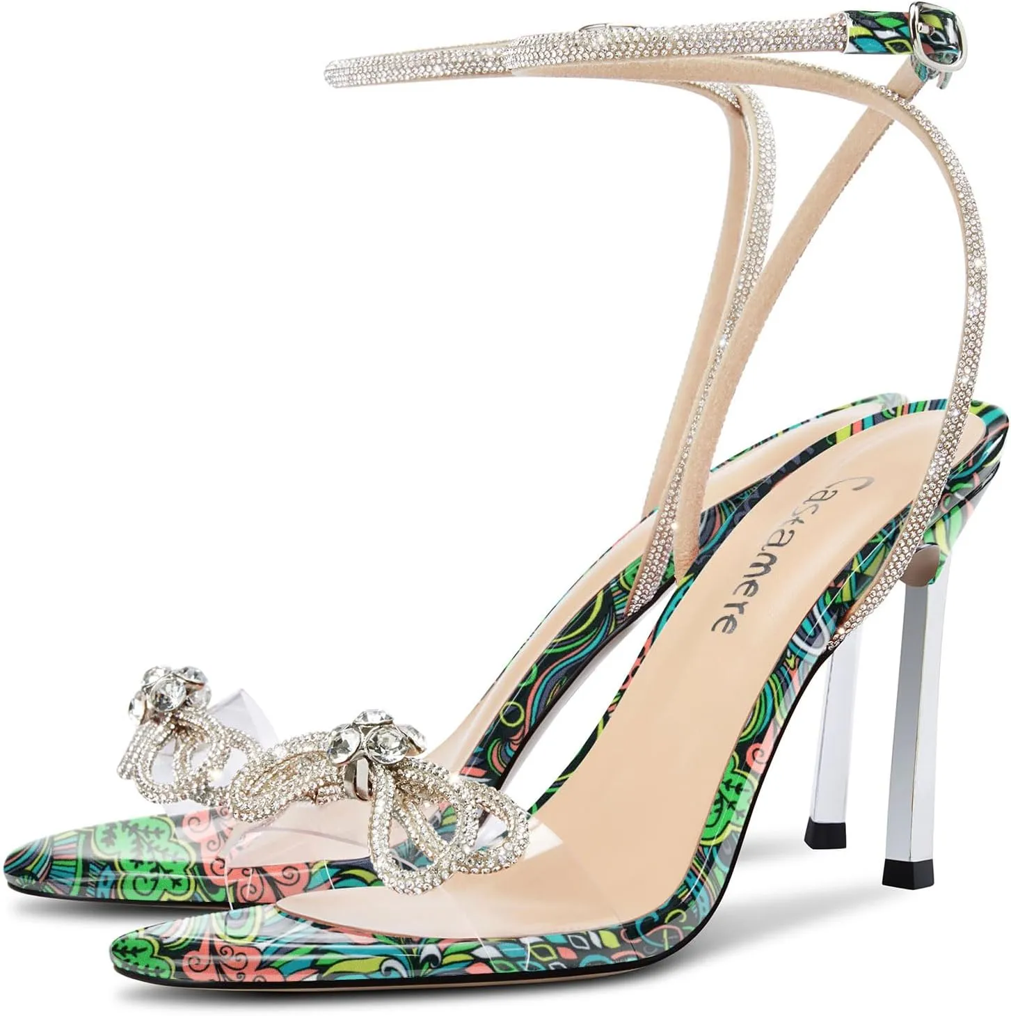 Castamere Womens Stiletto High Heel Open Toe Ankle Strap Rhinestone Crystal Bow-knot Sandals Prom Summer Clear 3.9 Inches Heels