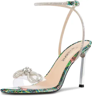 Castamere Womens Stiletto High Heel Open Toe Ankle Strap Rhinestone Crystal Bow-knot Sandals Prom Summer Clear 3.9 Inches Heels