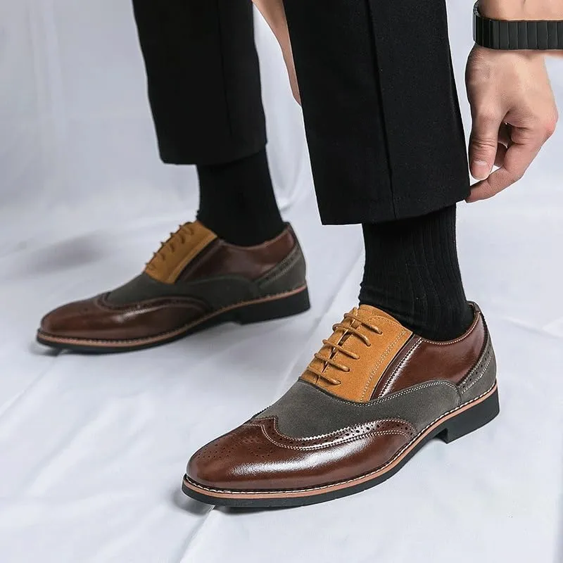 Casual Brogue, Men's Classic Business Loafers, Men Dress Slip-on Leather Shoes, British Patchwork Pointed Shoes