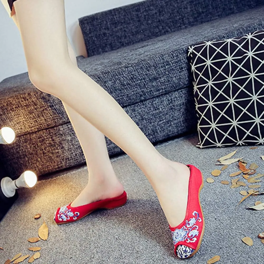 Chinese Style Embroidered Flower Shoes Women's Single Shoes Slippers Canvas Slippers Backless Comfortable Flats Round Toe Loafers Casual Sandals