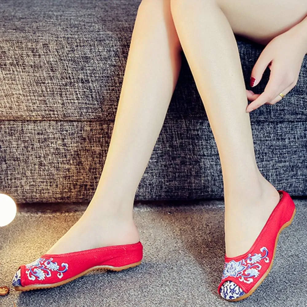 Chinese Style Embroidered Flower Shoes Women's Single Shoes Slippers Canvas Slippers Backless Comfortable Flats Round Toe Loafers Casual Sandals