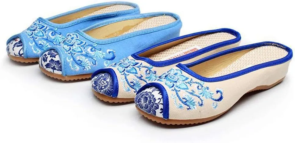 Chinese Style Embroidered Flower Shoes Women's Single Shoes Slippers Canvas Slippers Backless Comfortable Flats Round Toe Loafers Casual Sandals