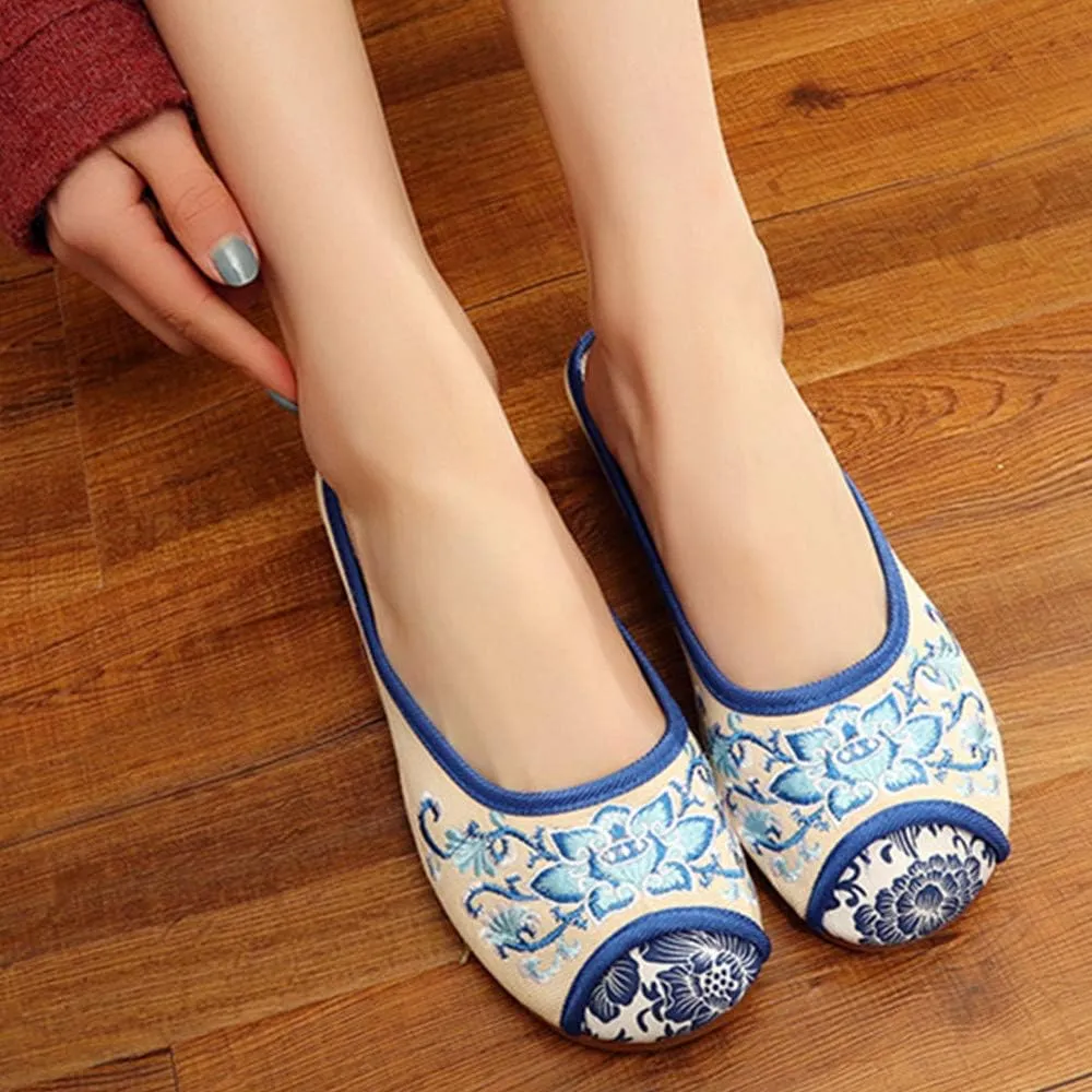 Chinese Style Embroidered Flower Shoes Women's Single Shoes Slippers Canvas Slippers Backless Comfortable Flats Round Toe Loafers Casual Sandals