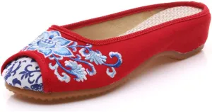 Chinese Style Embroidered Flower Shoes Women's Single Shoes Slippers Canvas Slippers Backless Comfortable Flats Round Toe Loafers Casual Sandals