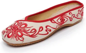 Chinese Style Embroidered Flower Shoes Women's Single Shoes Slippers Canvas Slippers Backless Comfortable Flats Round Toe Loafers Casual Sandals