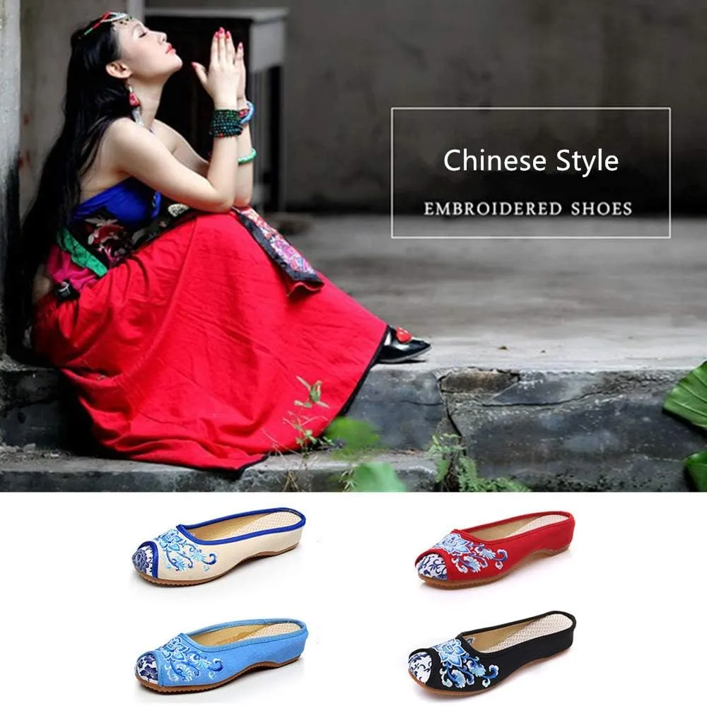 Chinese Style Embroidered Flower Shoes Women's Single Shoes Slippers Canvas Slippers Backless Comfortable Flats Round Toe Loafers Casual Sandals