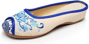 Chinese Style Embroidered Flower Shoes Women's Single Shoes Slippers Canvas Slippers Backless Comfortable Flats Round Toe Loafers Casual Sandals