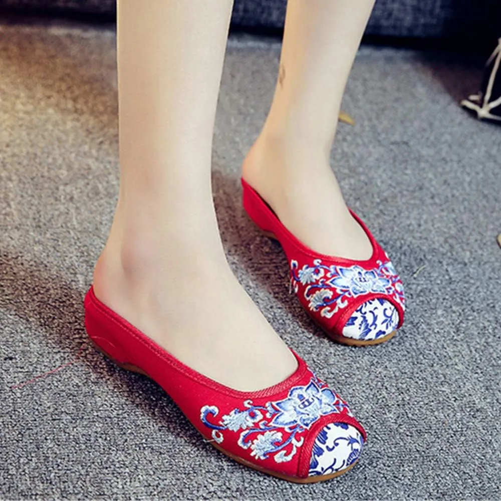 Chinese Style Embroidered Flower Shoes Women's Single Shoes Slippers Canvas Slippers Backless Comfortable Flats Round Toe Loafers Casual Sandals