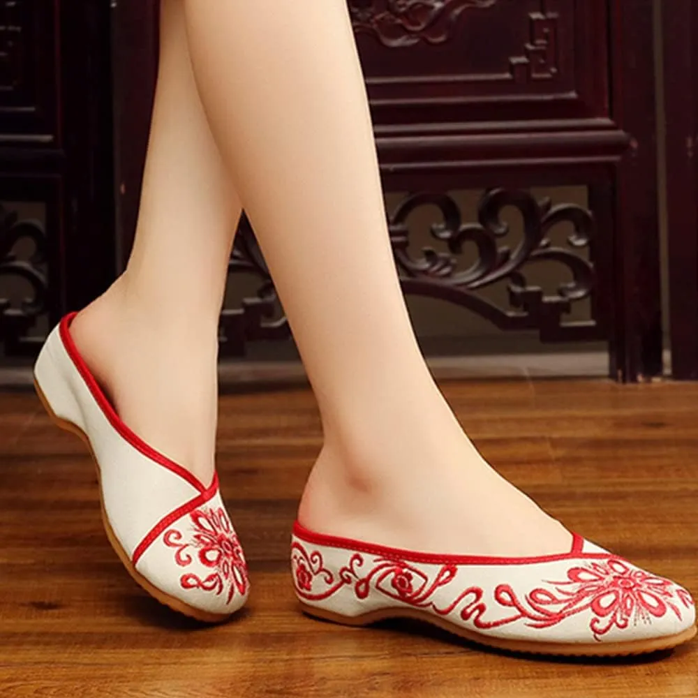 Chinese Style Embroidered Flower Shoes Women's Single Shoes Slippers Canvas Slippers Backless Comfortable Flats Round Toe Loafers Casual Sandals