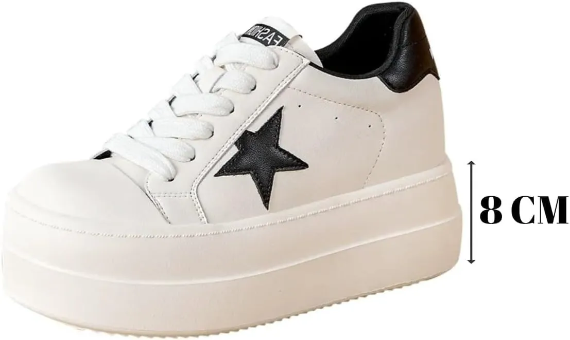 Chunky Platform Sneakers Women White Tennis Shoes 8cm Height Increase Star Design Breathable Leather Oversized Sneakers for All Seasons