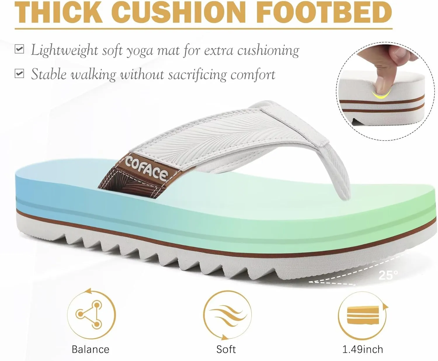 COFACE Mens Arch Support Flip Flops Yoga Mat Comfortable Thick Cushion Recovery Walking Thong Sandals Lightweight Slip On Summer Beach Slippers