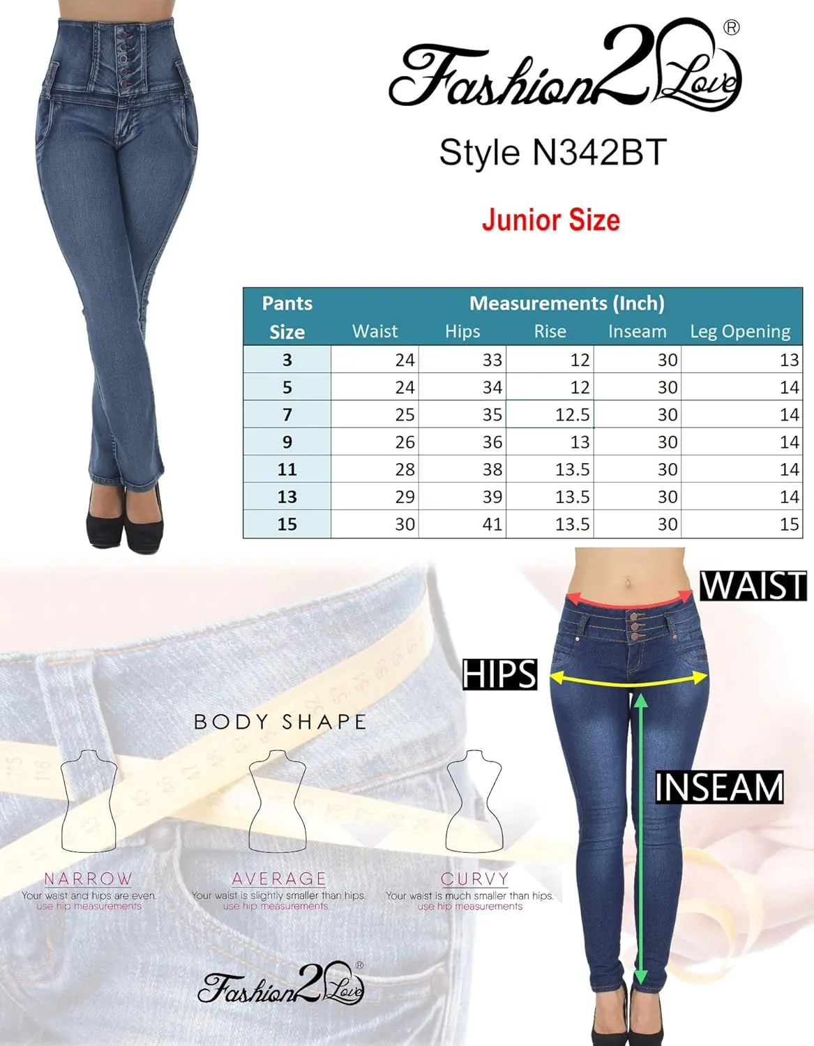 Colombian Design, Butt Lift, Levanta Cola, Boot Leg Jeans Plus/Junior Size