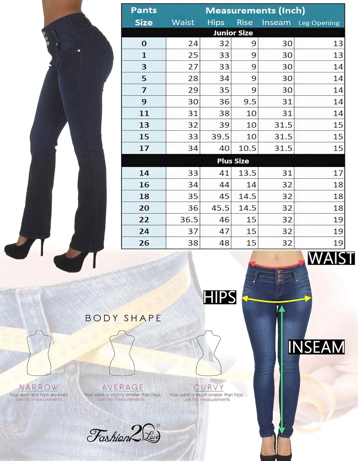 Colombian Design, Butt Lift, Levanta Cola, Boot Leg Jeans Plus/Junior Size