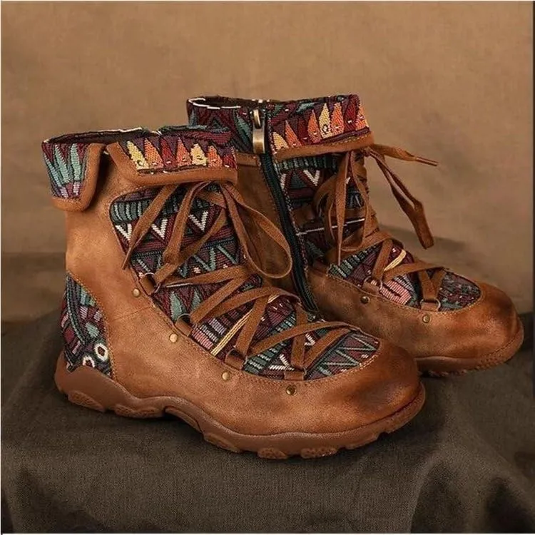 Colorblock Retro Casual Boots, Non-Slip Women's Shoes Side Zipper Hiking Boots Fashionable Off-Road Boots Ethnic Style