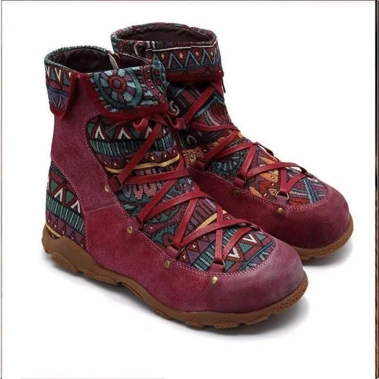 Colorblock Retro Casual Boots, Non-Slip Women's Shoes Side Zipper Hiking Boots Fashionable Off-Road Boots Ethnic Style