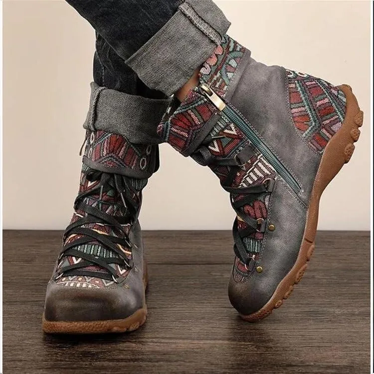 Colorblock Retro Casual Boots, Non-Slip Women's Shoes Side Zipper Hiking Boots Fashionable Off-Road Boots Ethnic Style