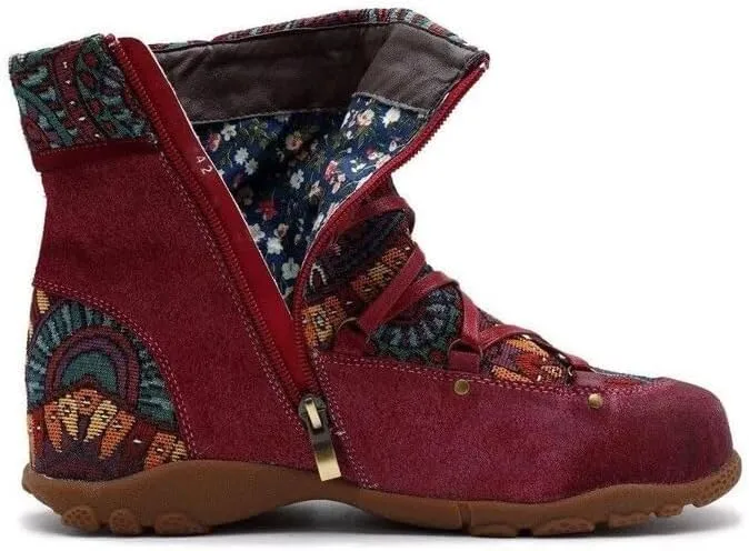 Colorblock Retro Casual Boots, Non-Slip Women's Shoes Side Zipper Hiking Boots Fashionable Off-Road Boots Ethnic Style