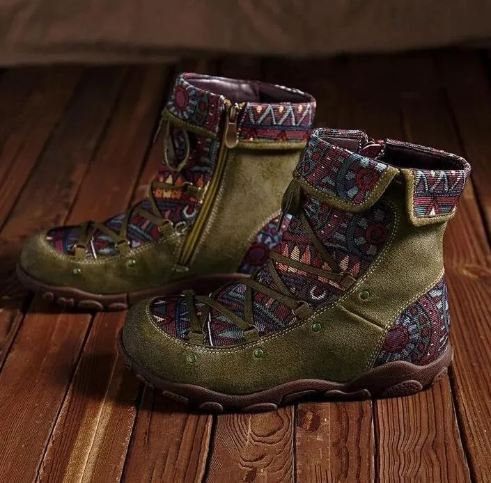 Colorblock Retro Casual Boots, Non-Slip Women's Shoes Side Zipper Hiking Boots Fashionable Off-Road Boots Ethnic Style