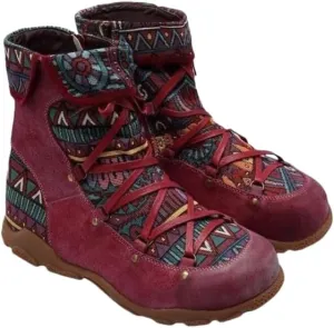 Colorblock Retro Casual Boots, Non-Slip Women's Shoes Side Zipper Hiking Boots Fashionable Off-Road Boots Ethnic Style