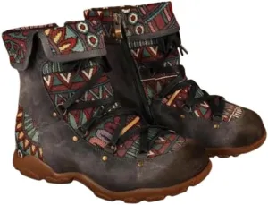 Colorblock Retro Casual Boots, Non-Slip Women's Shoes Side Zipper Hiking Boots Fashionable Off-Road Boots Ethnic Style
