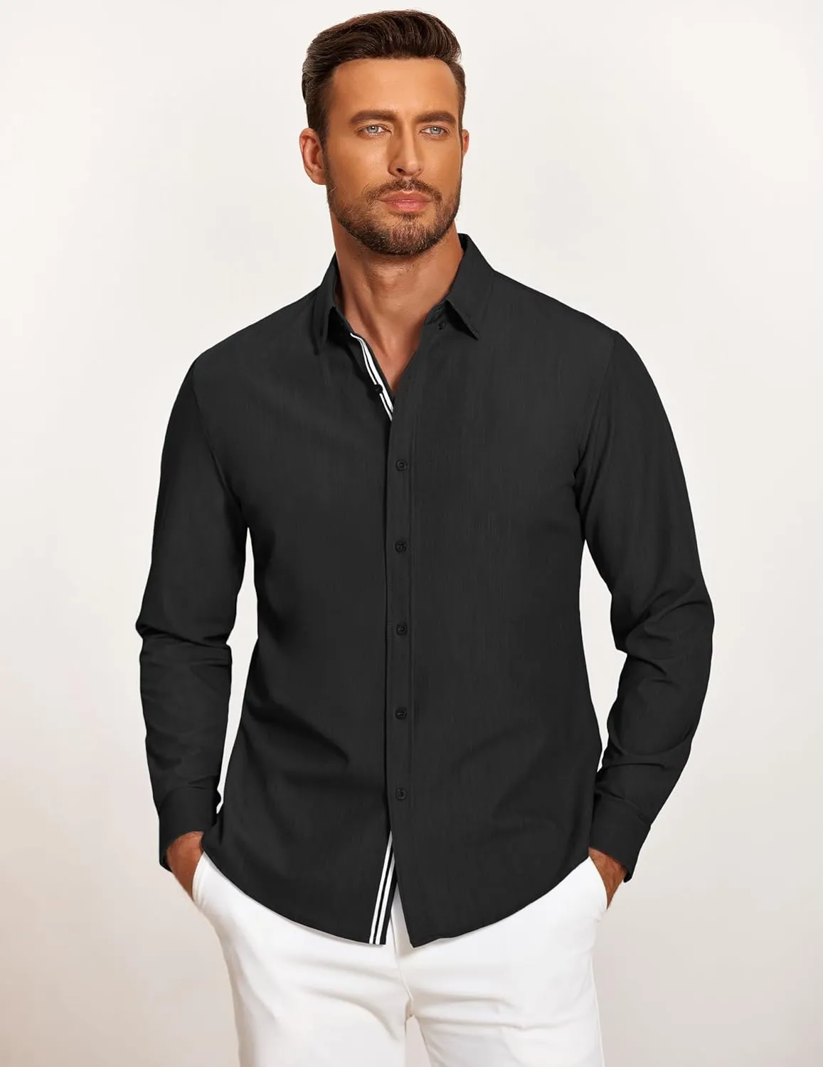 COOFANDY Mens Casual Button Down Shirt Untucked Long Sleeve Stretch Denim Dress Shirt