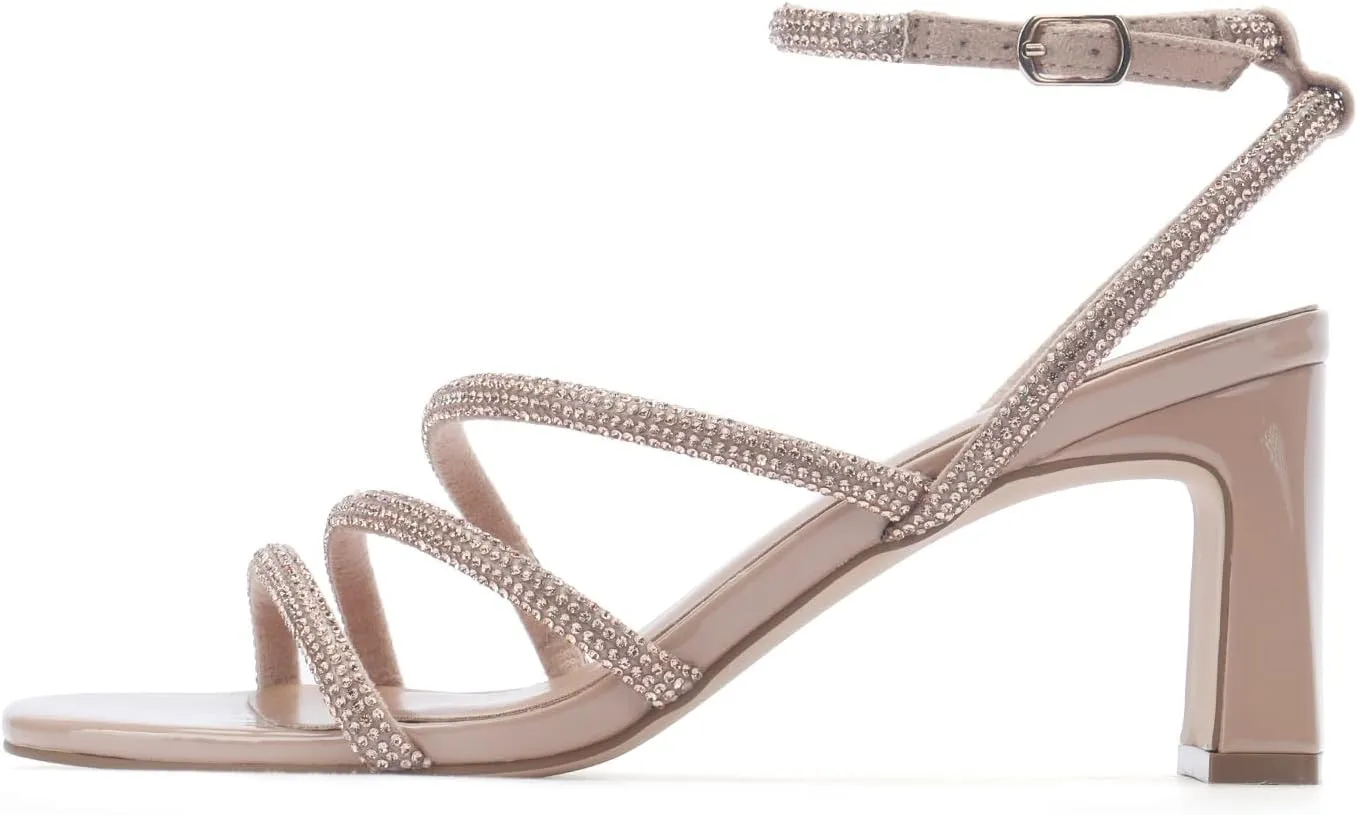 CosyFever Womens Rhinestone Heeled Sandals Ankle Strap Square Toe Chunky Block Heel Shoes for Casual Wedding Dressy Evening Party