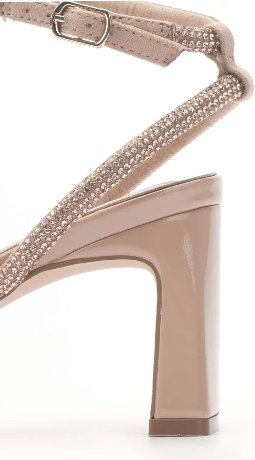 CosyFever Womens Rhinestone Heeled Sandals Ankle Strap Square Toe Chunky Block Heel Shoes for Casual Wedding Dressy Evening Party
