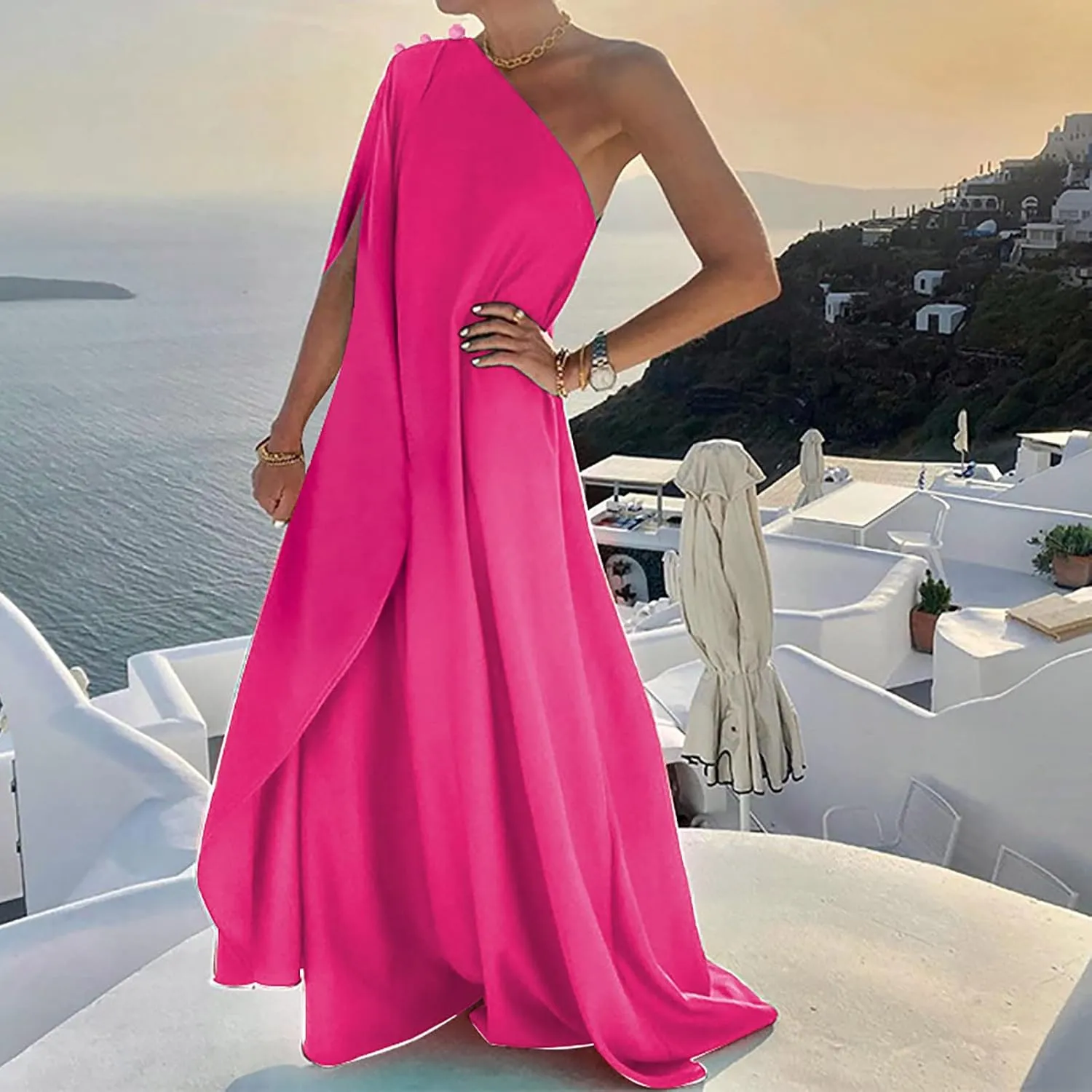 Cotton Dresses for Women 2025 Summer Trendy One Shoulder Midi Dresses Side Split Bandage Bodycon Club Long Dress