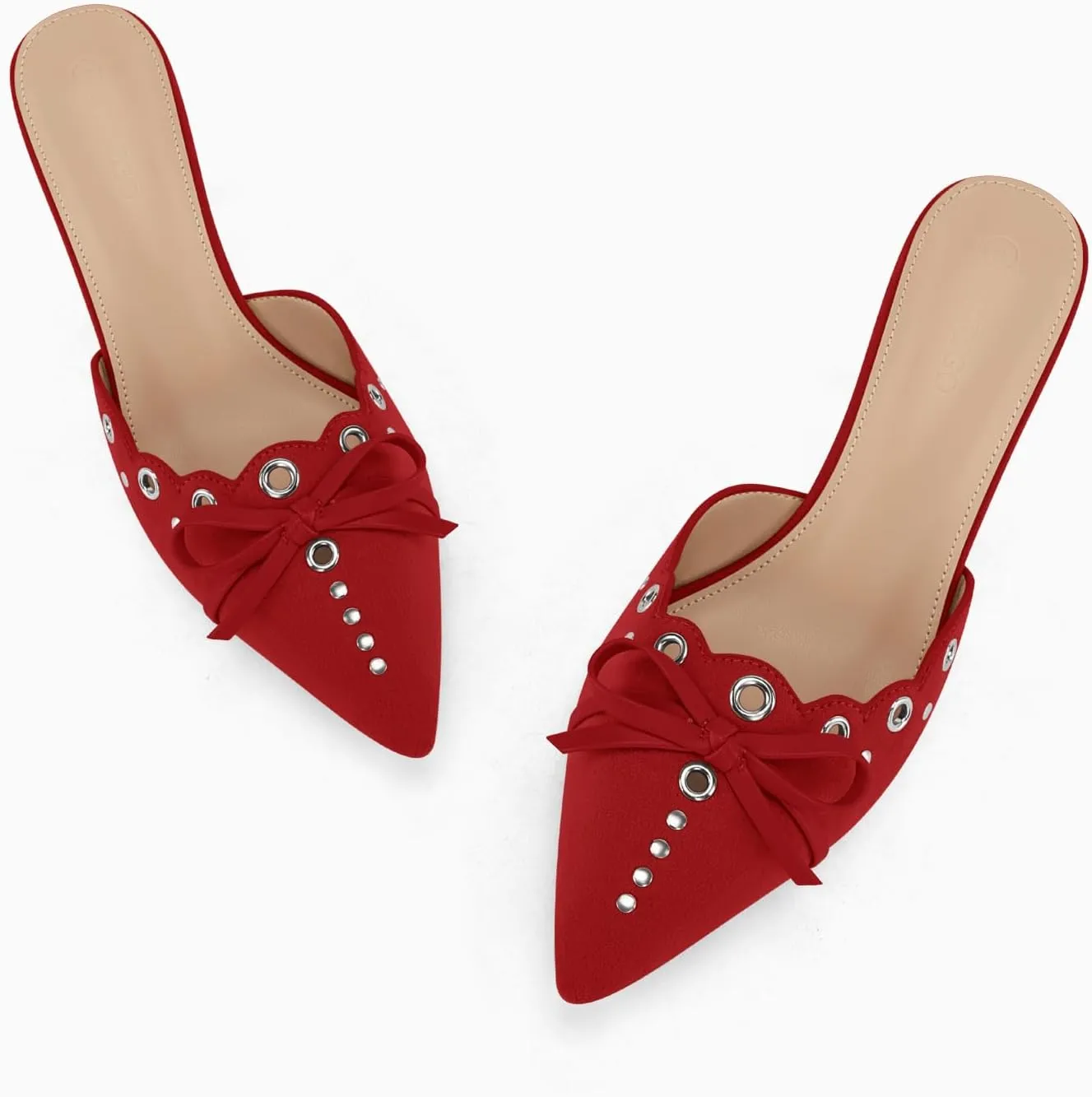 Coutgo Women's Bow Tie Mule Heels Pointed Toe Studded Backless Stilettos Slip On Dress Pump Shoes