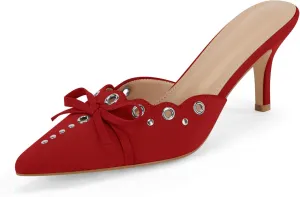 Coutgo Women's Bow Tie Mule Heels Pointed Toe Studded Backless Stilettos Slip On Dress Pump Shoes
