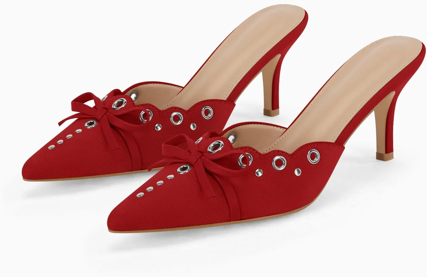 Coutgo Women's Bow Tie Mule Heels Pointed Toe Studded Backless Stilettos Slip On Dress Pump Shoes