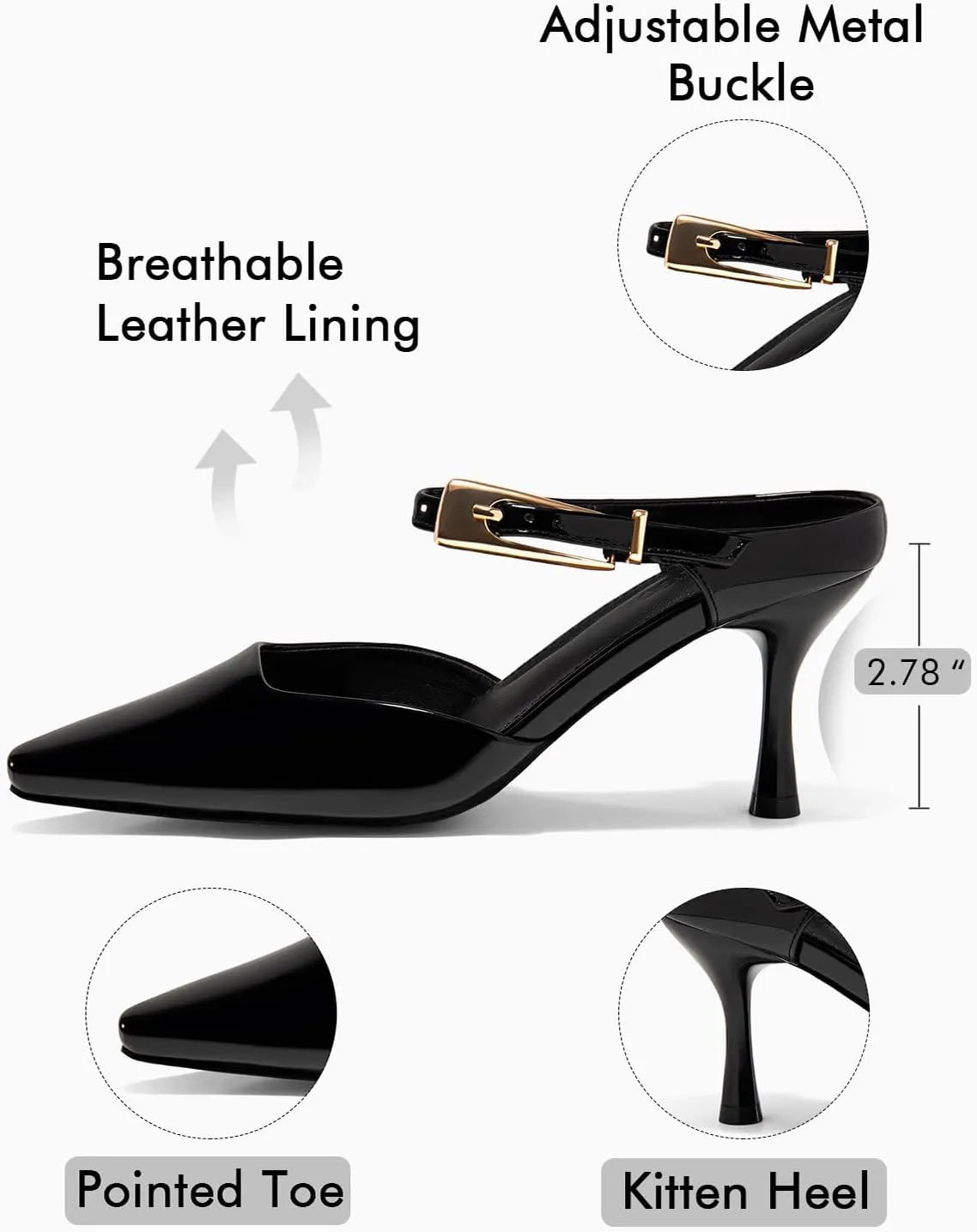 Coutgo Womens High Heels Mules Closed Pointed Toe Kitten Heel Pumps Ankle Buckle Strap Slip On Backless Dress Shoes
