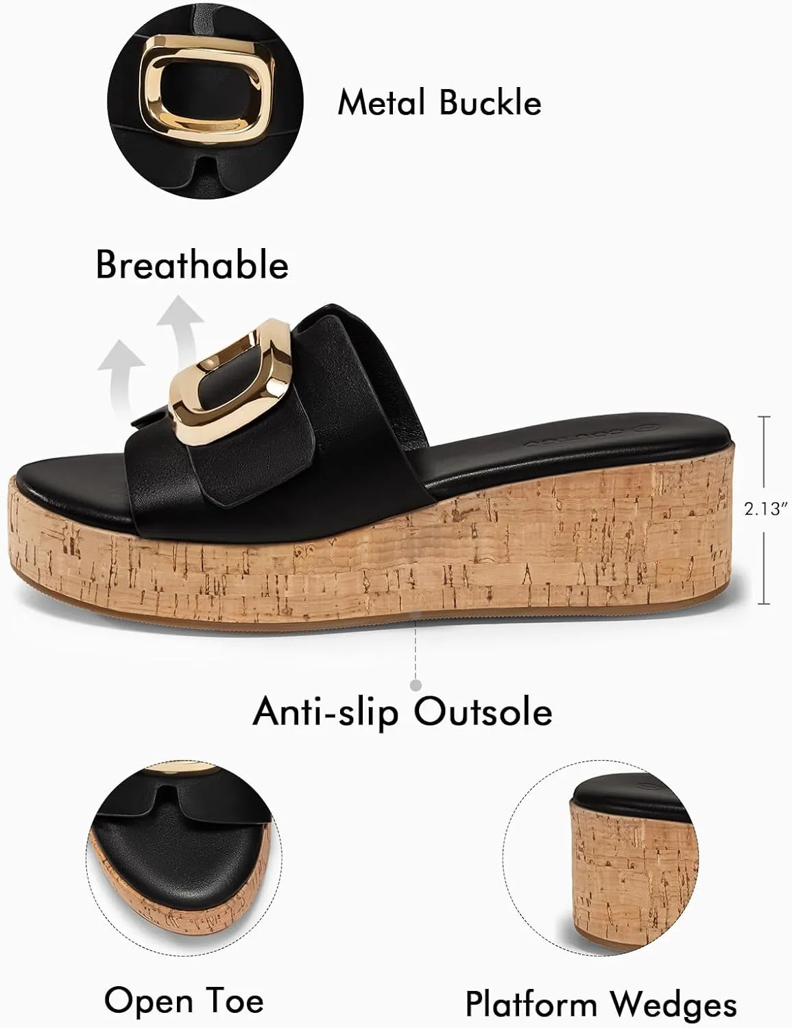 Coutgo Womens Platform Sandals Cork Beach Slip on Wedges Metal Buckle Slides Open Toe Summer Shoes