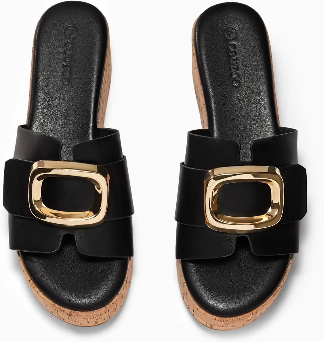 Coutgo Womens Platform Sandals Cork Beach Slip on Wedges Metal Buckle Slides Open Toe Summer Shoes