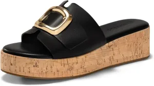 Coutgo Womens Platform Sandals Cork Beach Slip on Wedges Metal Buckle Slides Open Toe Summer Shoes