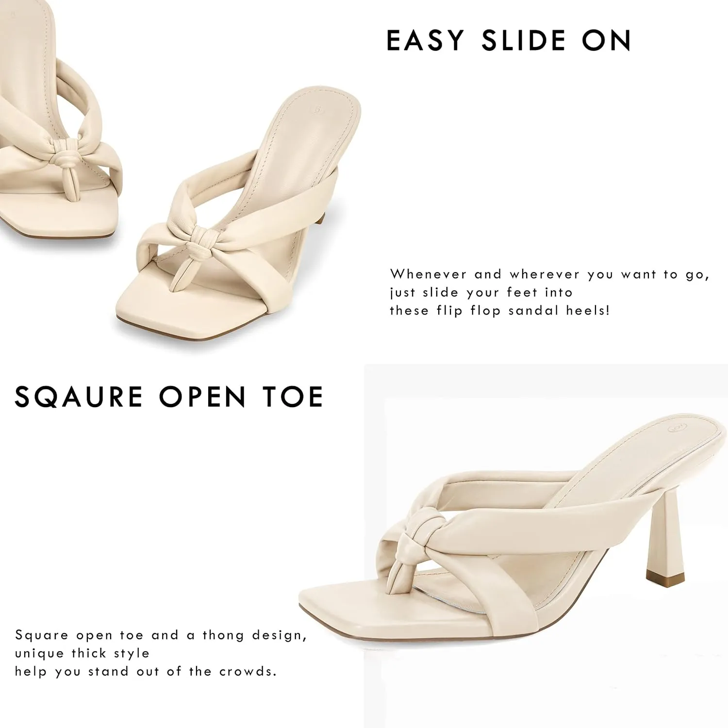 Coutgo Womens Thong Heels Mules Square Toe Heeled Flip Flops Mule Sexy Stiletto Dress Party Sandals