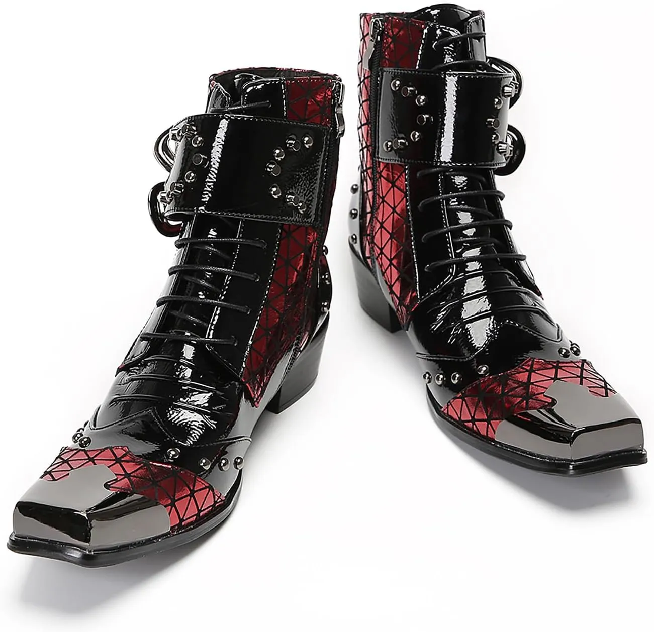 Cowboy Boots for Mens Casual Party Dress Metal Square Toe Motorcycle Boots Beads Buckles Genunie Leather Western Boots Fashion Disco Prom Barllroom Singer Hight Top Boot for Men Boy