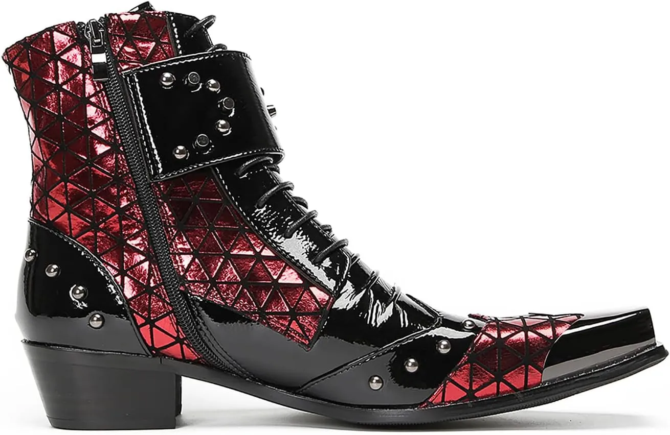 Cowboy Boots for Mens Casual Party Dress Metal Square Toe Motorcycle Boots Beads Buckles Genunie Leather Western Boots Fashion Disco Prom Barllroom Singer Hight Top Boot for Men Boy