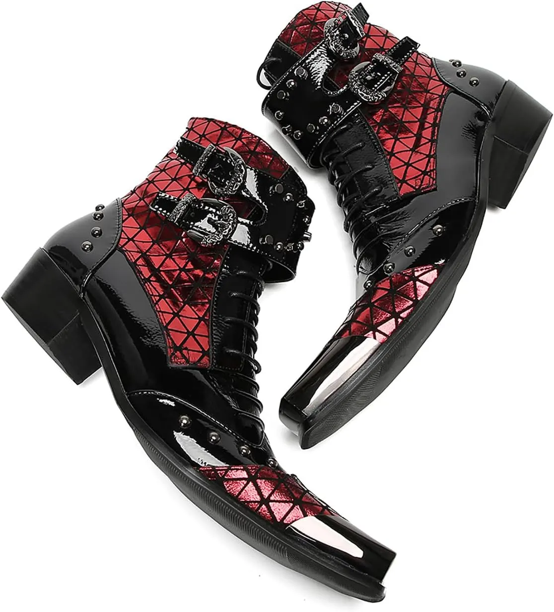 Cowboy Boots for Mens Casual Party Dress Metal Square Toe Motorcycle Boots Beads Buckles Genunie Leather Western Boots Fashion Disco Prom Barllroom Singer Hight Top Boot for Men Boy