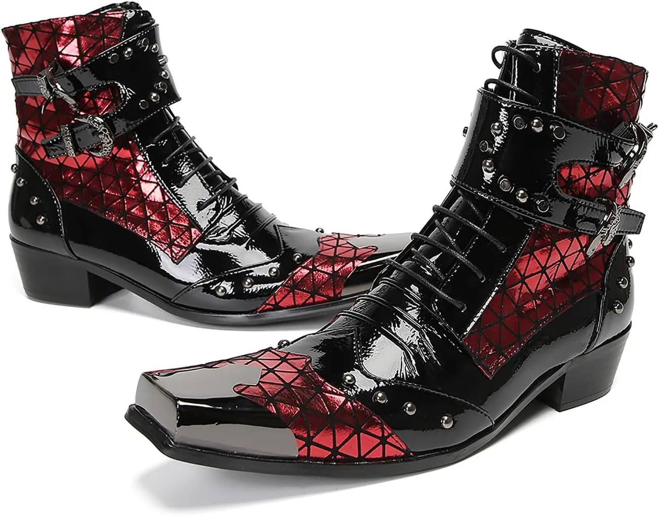Cowboy Boots for Mens Casual Party Dress Metal Square Toe Motorcycle Boots Beads Buckles Genunie Leather Western Boots Fashion Disco Prom Barllroom Singer Hight Top Boot for Men Boy