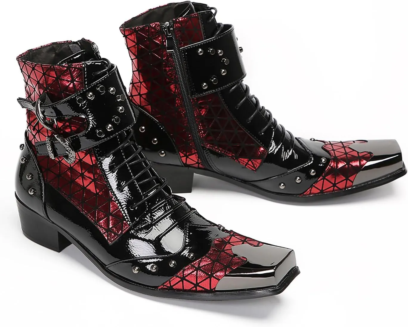 Cowboy Boots for Mens Casual Party Dress Metal Square Toe Motorcycle Boots Beads Buckles Genunie Leather Western Boots Fashion Disco Prom Barllroom Singer Hight Top Boot for Men Boy