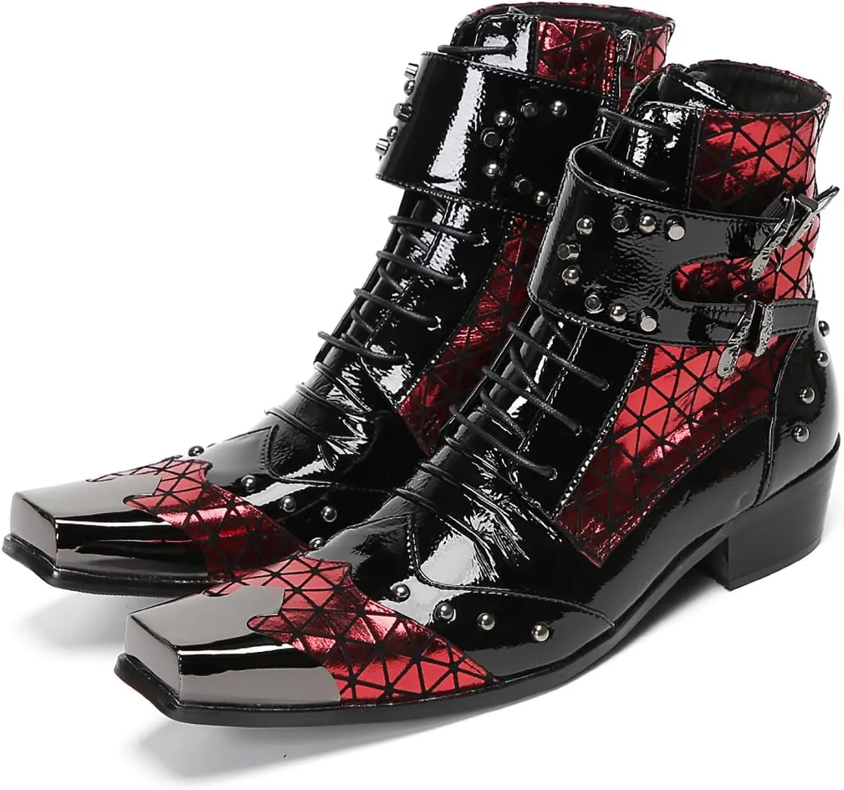 Cowboy Boots for Mens Casual Party Dress Metal Square Toe Motorcycle Boots Beads Buckles Genunie Leather Western Boots Fashion Disco Prom Barllroom Singer Hight Top Boot for Men Boy