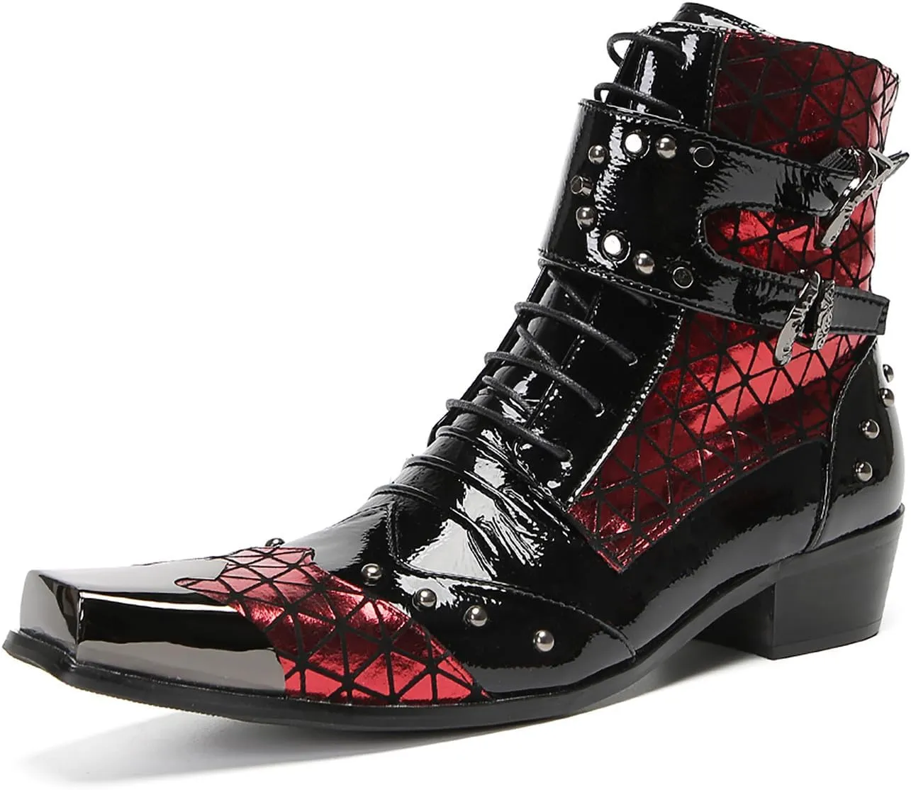 Cowboy Boots for Mens Casual Party Dress Metal Square Toe Motorcycle Boots Beads Buckles Genunie Leather Western Boots Fashion Disco Prom Barllroom Singer Hight Top Boot for Men Boy