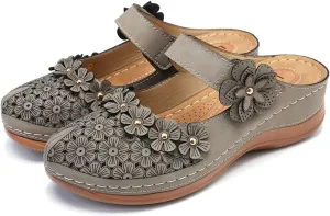 CrazycatZ Womens Summer Slipper PU Leather Comfort Mules Outdoor Beach Shoes Vintage Antil Slip Wedge Flowers Sandals Clogs