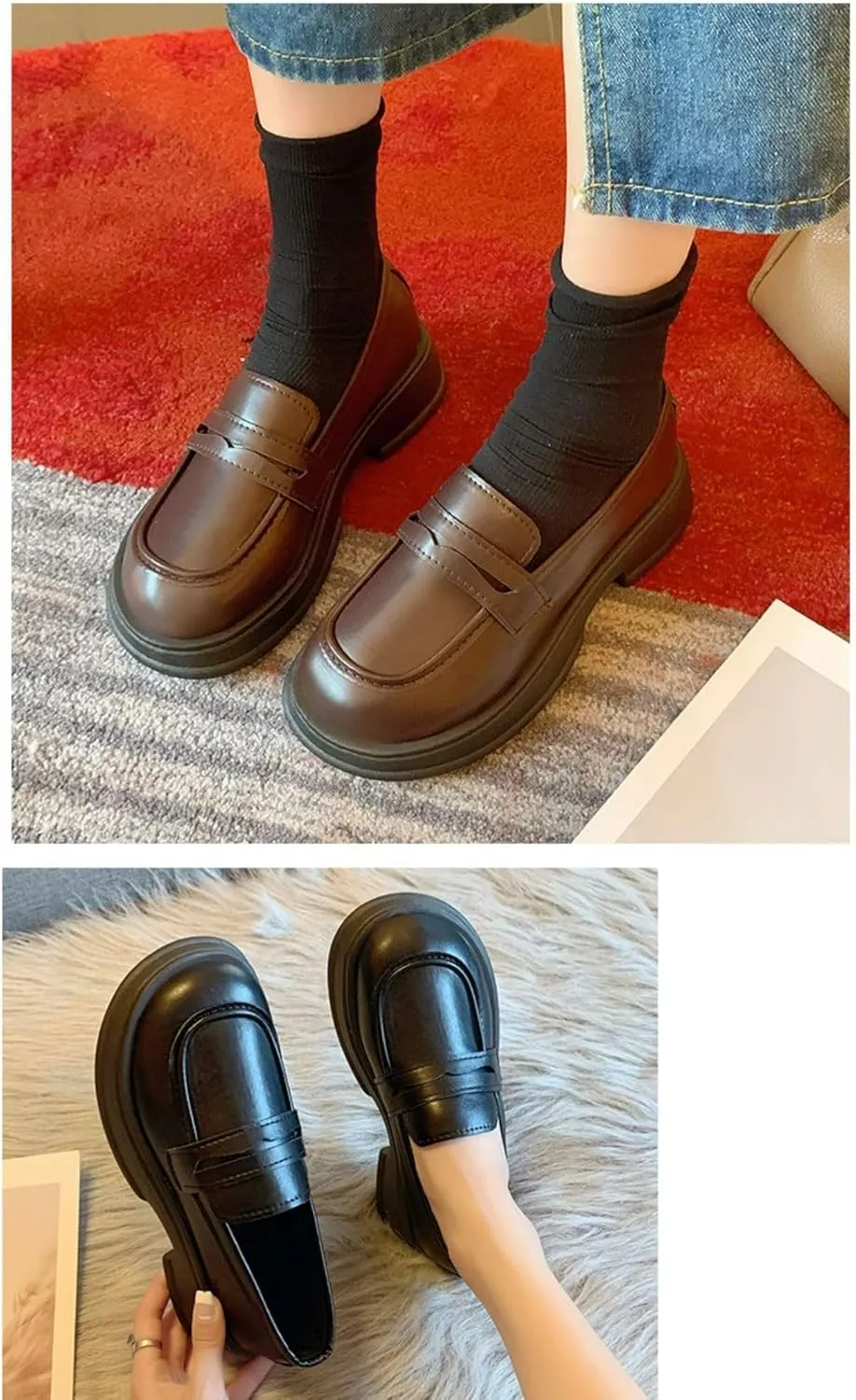 Cute Slip On Loafers Platform Chunky Round Toe Sweet Lolita School JK Fashion Pumps for Women Girls Kawaii Y2K Pretty Pastel Retro Trendy Aesthetic Everyday Wear, Cosplay, Campus, Anime Conventions