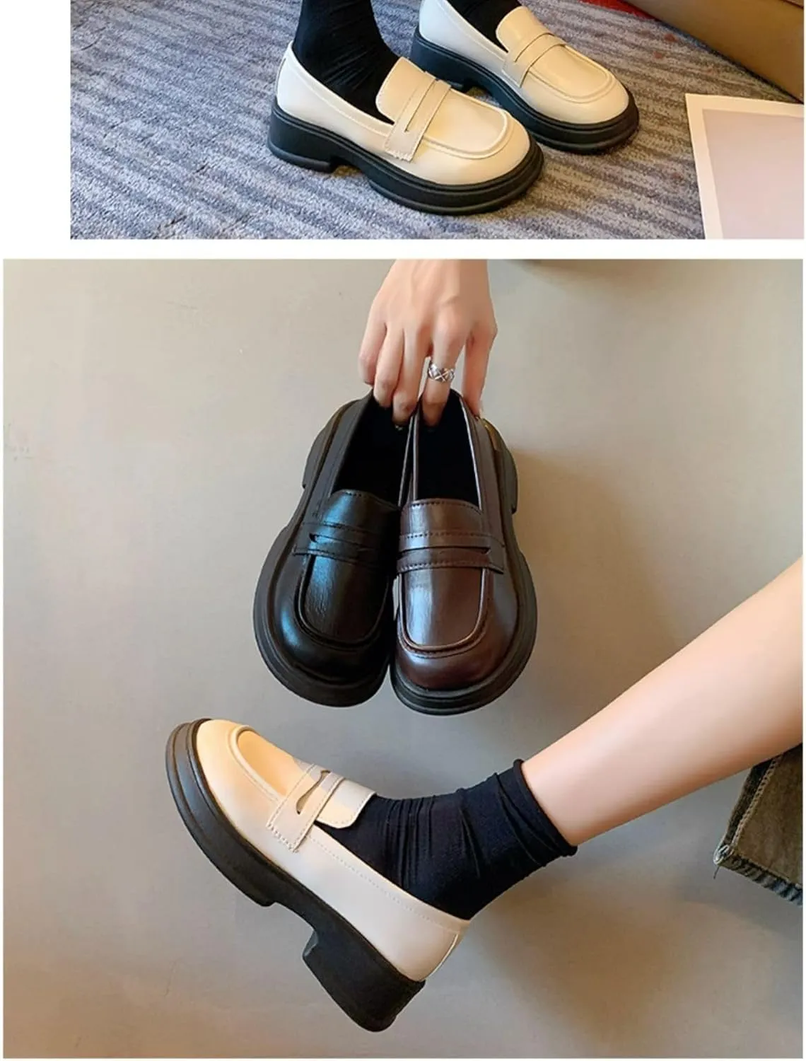 Cute Slip On Loafers Platform Chunky Round Toe Sweet Lolita School JK Fashion Pumps for Women Girls Kawaii Y2K Pretty Pastel Retro Trendy Aesthetic Everyday Wear, Cosplay, Campus, Anime Conventions