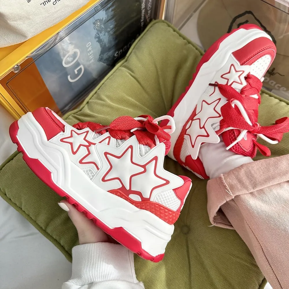 Cute Star Shoes for Women Chunky Platform Lace-up Comfortable Slip-Resistant Lightweight Soles Casual Sneakers Kawaii Y2K Retro Pretty Pastel Gifts for Girls