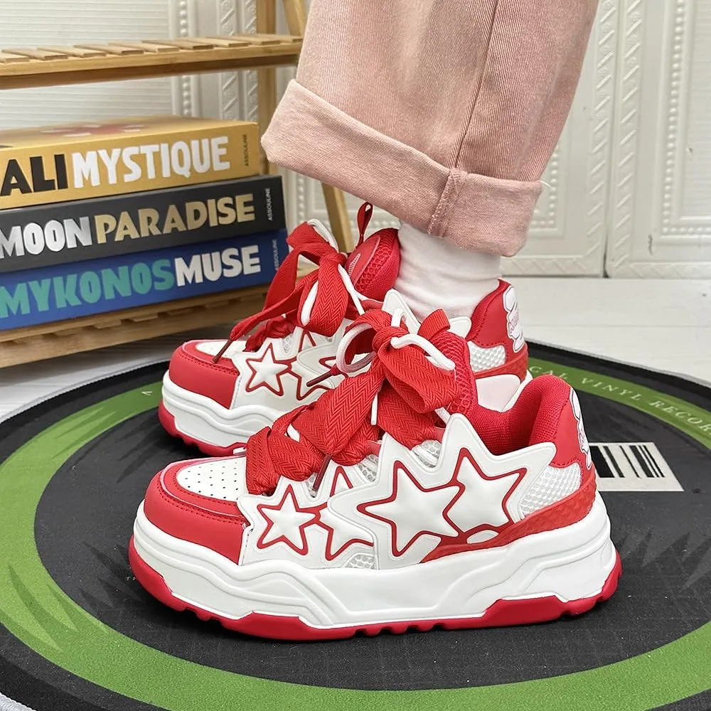 Cute Star Shoes for Women Chunky Platform Lace-up Comfortable Slip-Resistant Lightweight Soles Casual Sneakers Kawaii Y2K Retro Pretty Pastel Gifts for Girls